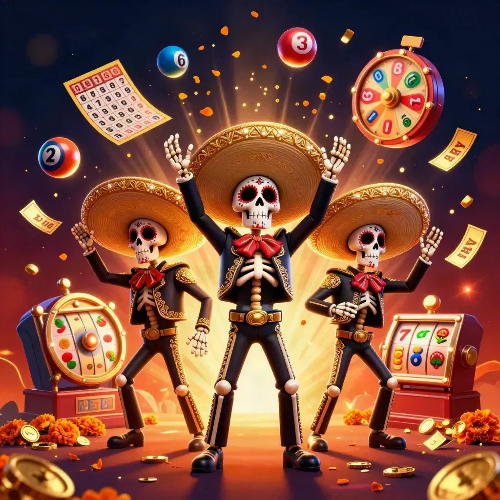 Day-of-the-Dead mariachi skeleton trio amid casino bursts, gold coins, reels and fireworks