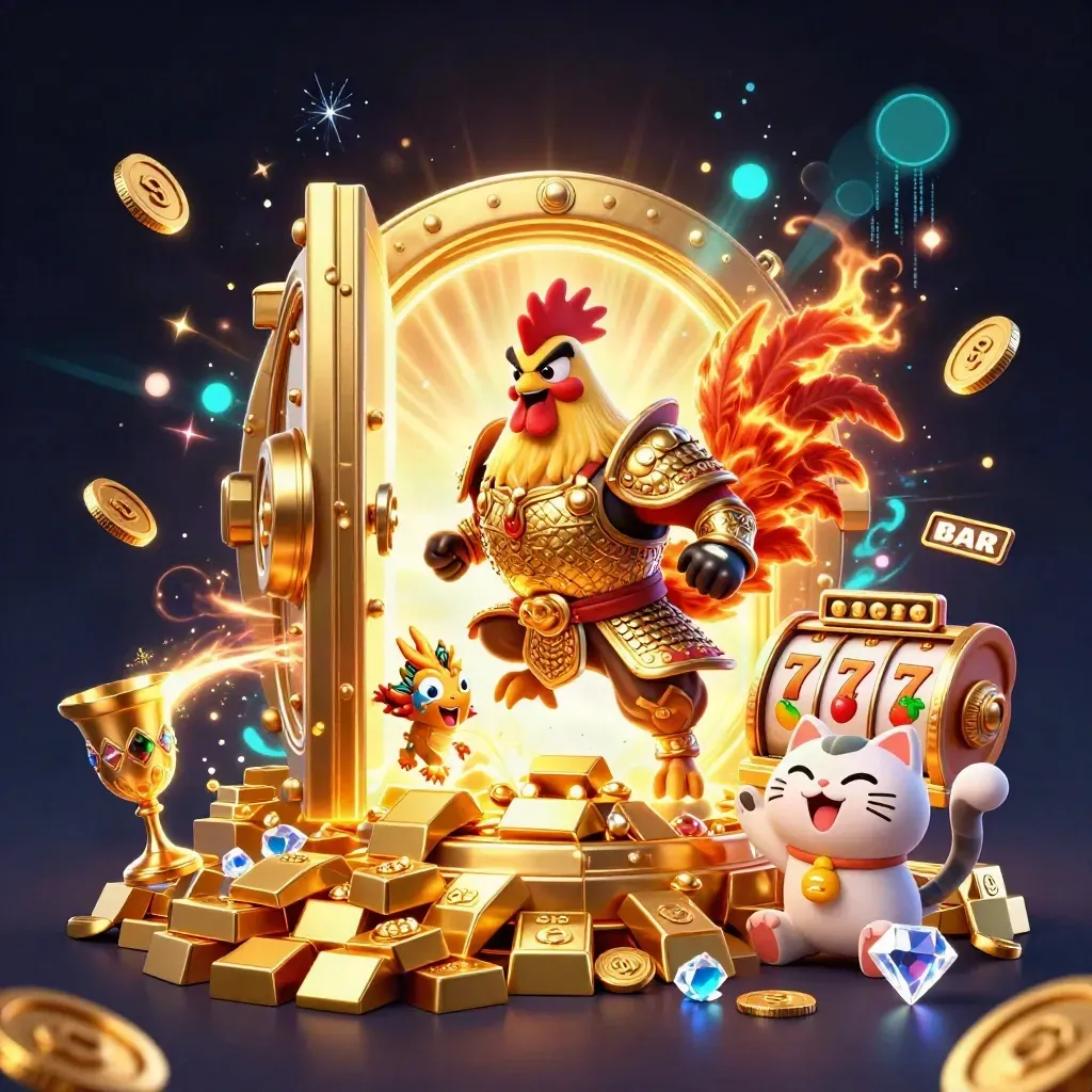 Rooster samurai, spark-breathing dragon hatchling, fortune cat, and vault blast with gold rain
