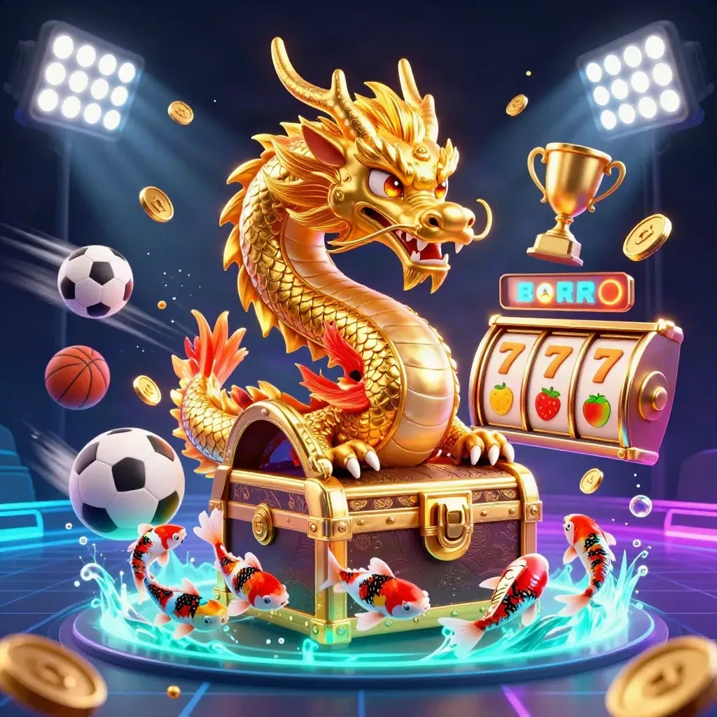 Golden dragon, phoenix, koi, coins, sports balls, and slot reels in a neon casino splash screen.
