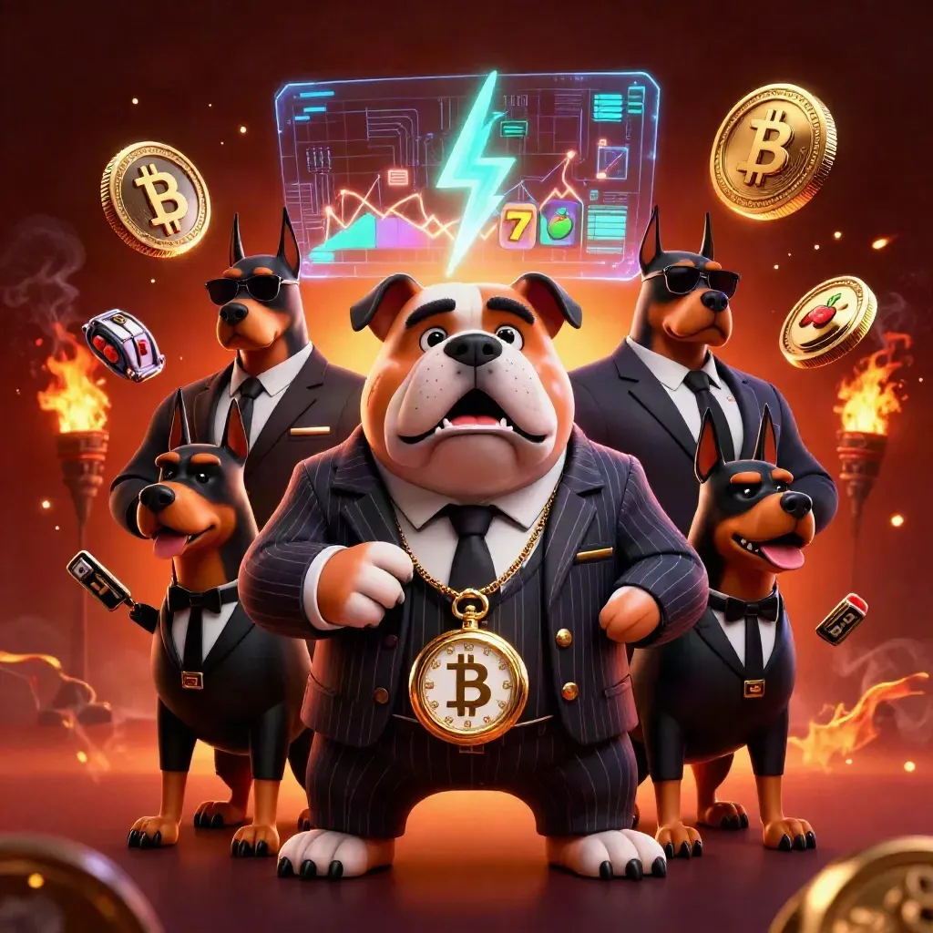 Mafia-boss bulldog with two Dobermans, casino coins, fiery glow, and slot symbols in a dark neon burst.