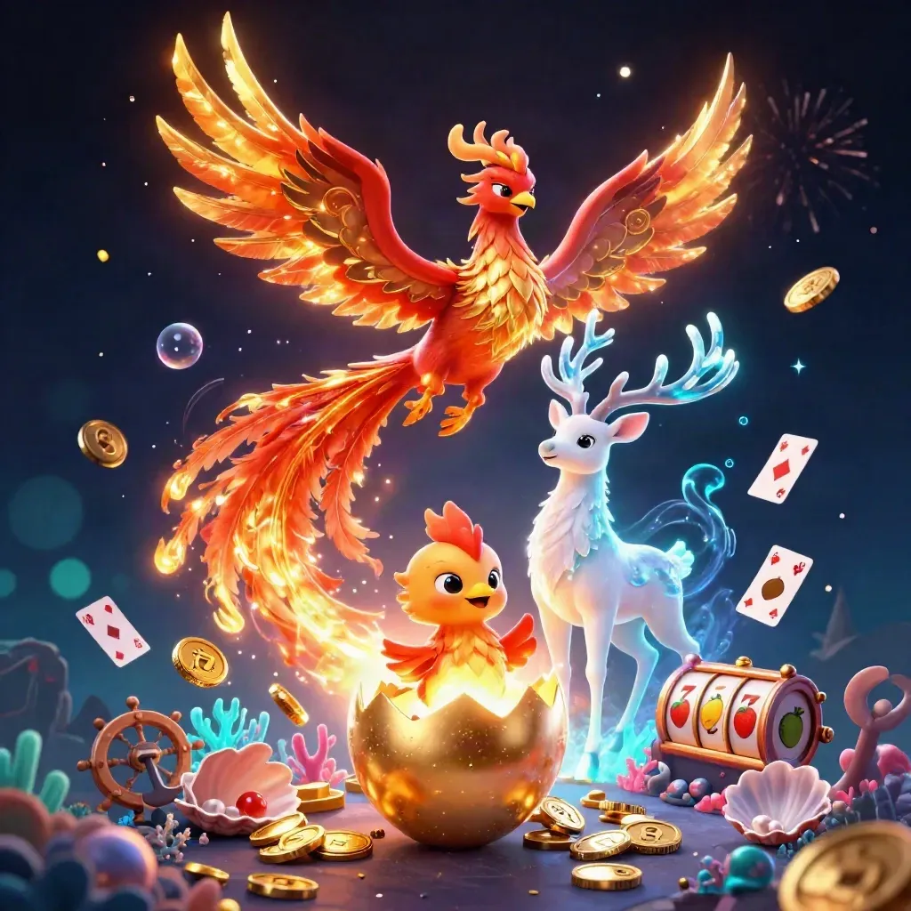Phoenix, hatchling, and crystal stag amid coins, coral, and neon casino magic