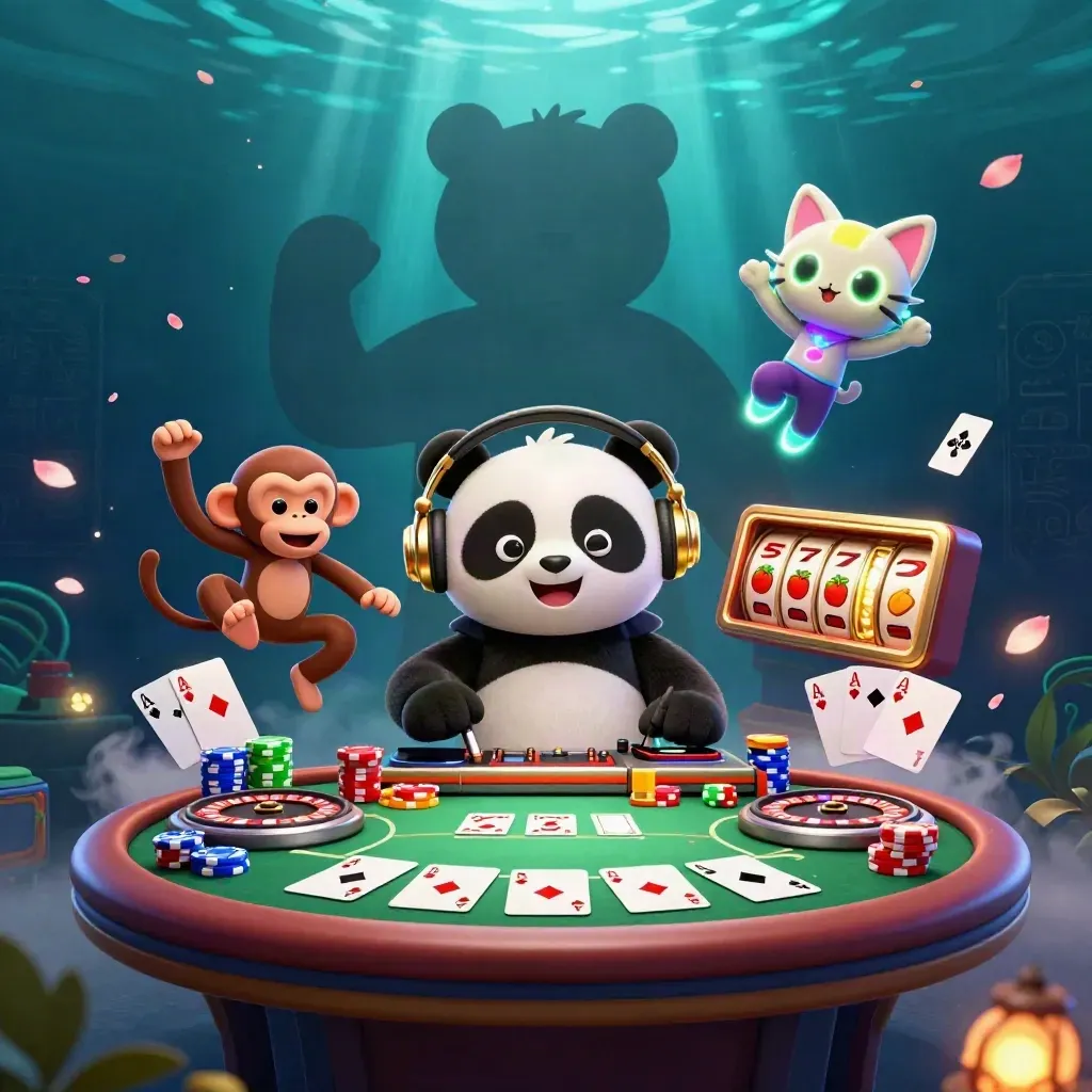 DJ panda, dancing monkey and rave kitten with roulette turntables, chips and glowing casino effects