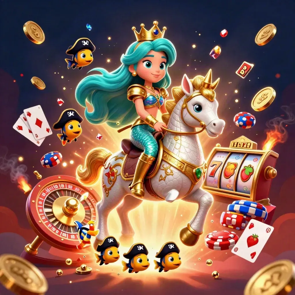 Mermaid princess on armored seahorse with pirate fish, coins, cards, chips and glowing slot reels.