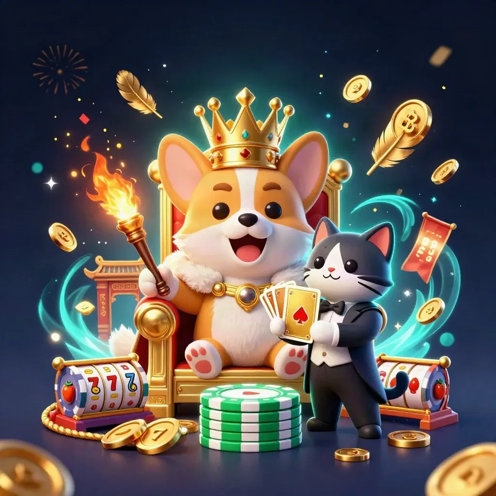 Crowned corgi king and cat butler amid casino magic, chips, coins, reels and teal-gold sparks