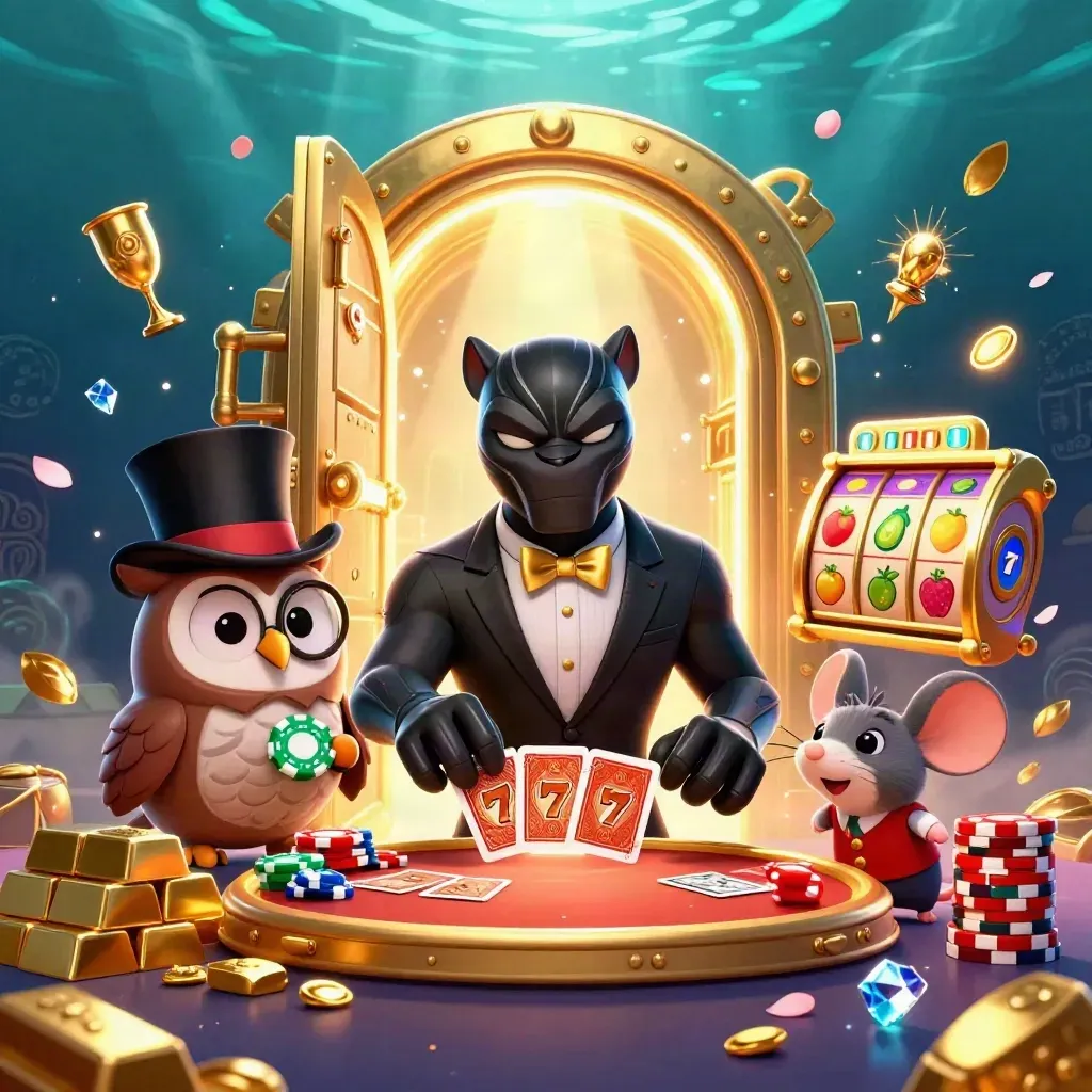 Panther, owl and mouse casino heroes with vault, gold, reels and teal-blue glow