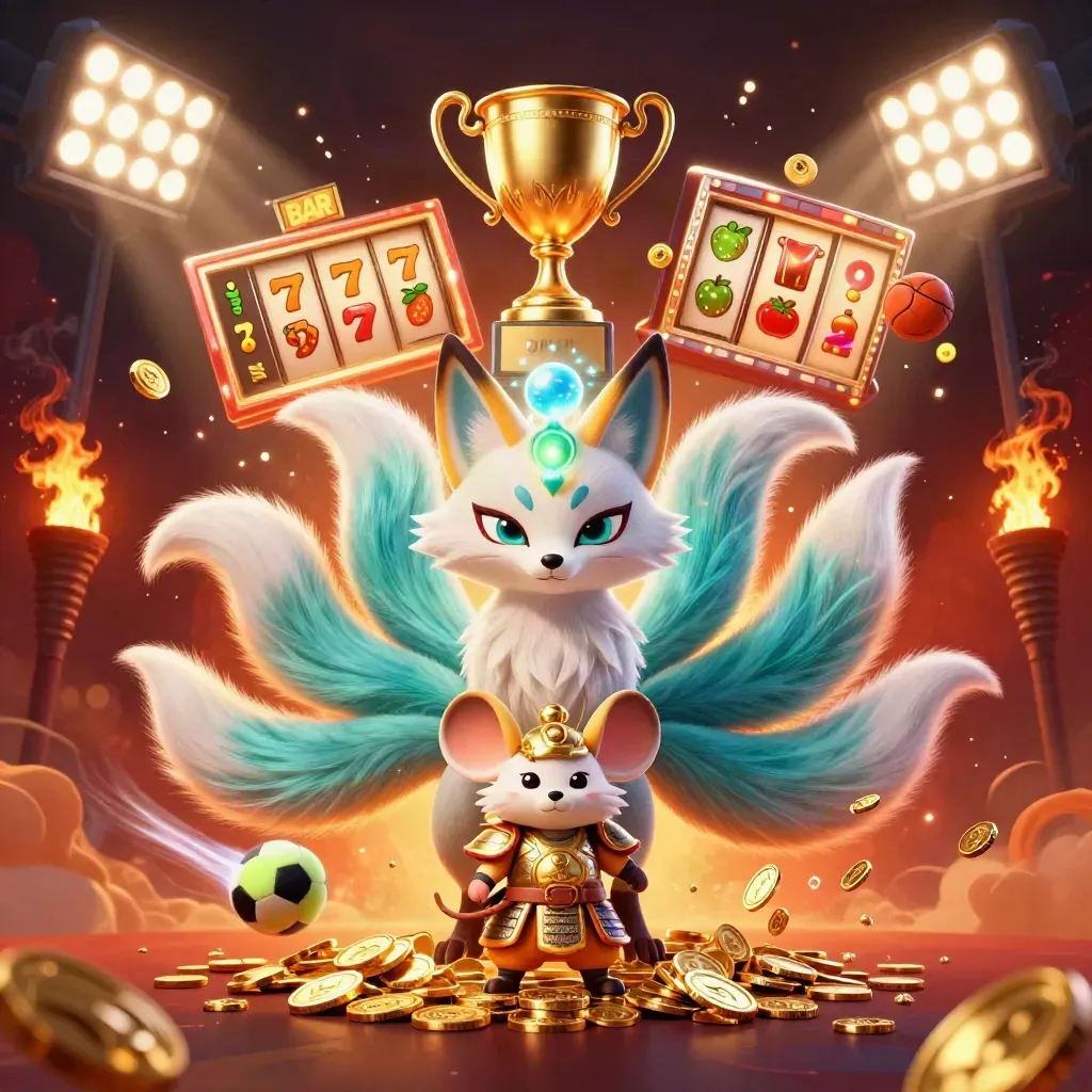 Nine-tailed fox spirit and armored mouse amid coins, balls, reels and casino glow
