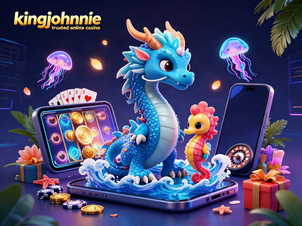 Experience the excitement at kingjohnnie trusted online casino with its vibrant 3D illustration featuring a mystical dragon and slot games.