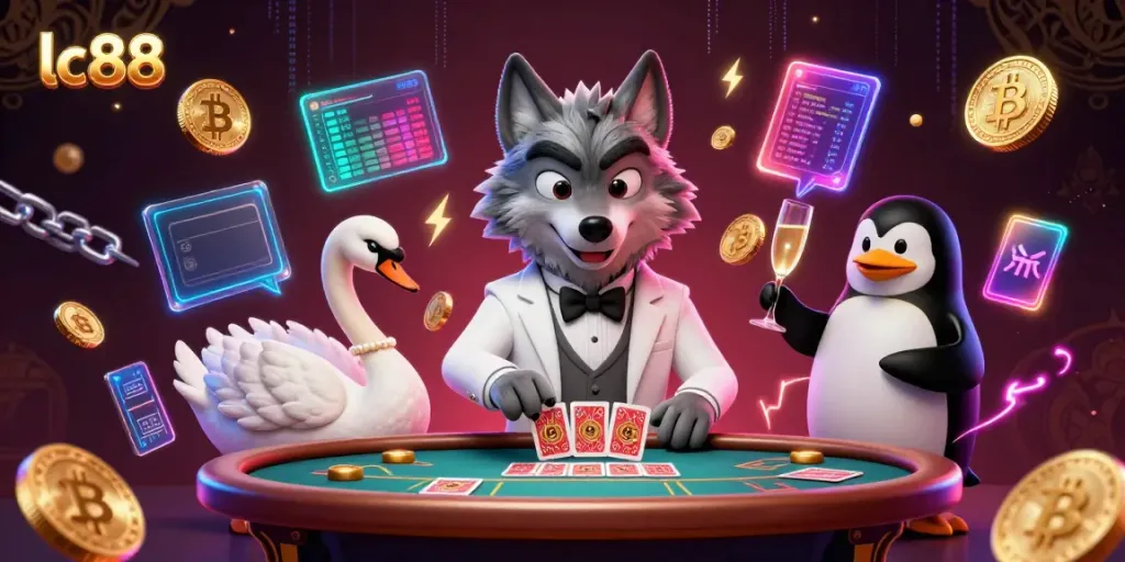 Engage in premium baccarat with lc88 alongside animated characters and crypto elements.