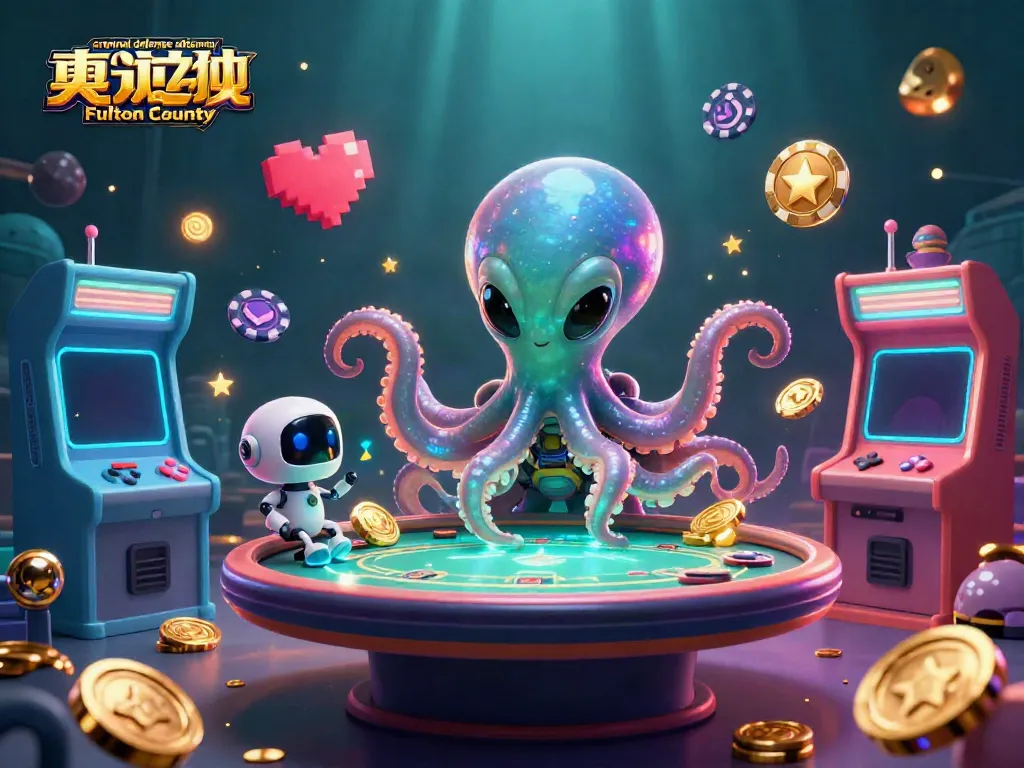 A vibrant scene with a criminal defense attorney Fulton County represented by an alien octopus at a holographic poker table surrounded by casino elements.