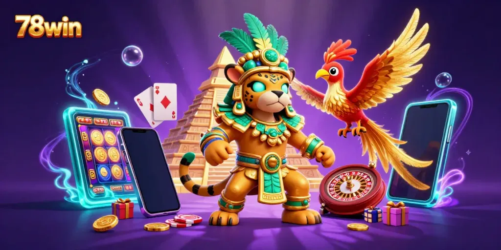 Experience the vibrant energy of 78win's casino scene with Mayan characters and lively game elements.