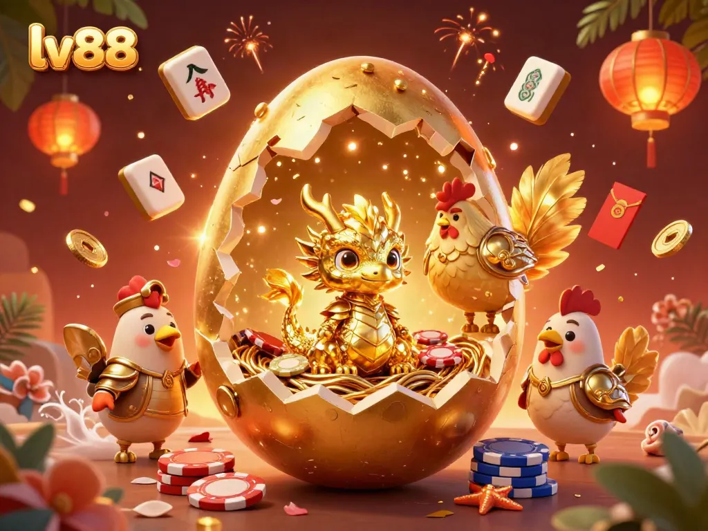 Experience the excitement of lv88 with a golden dragon and vibrant casino elements in this illustration.