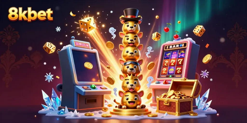Experience the excitement of 8xbet with a vibrant 3D casino scene featuring totem poles, slot machines, and treasures.