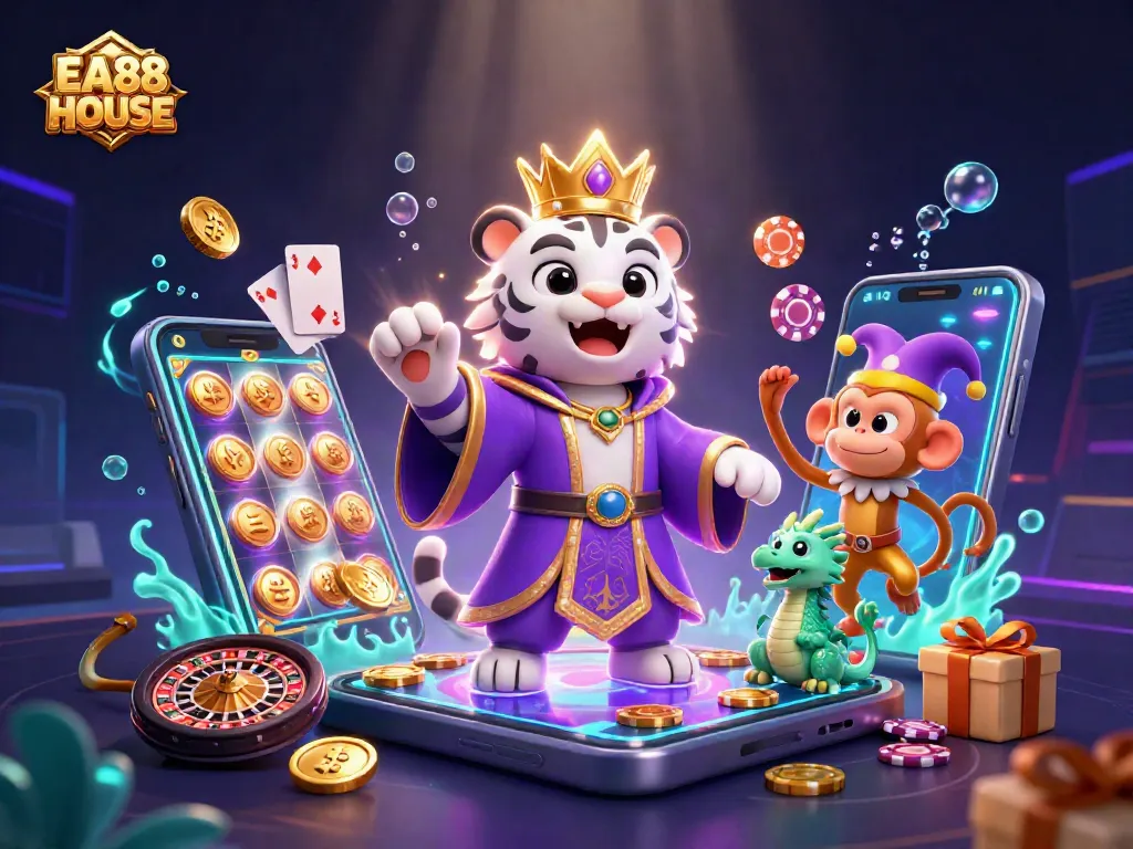 Win big at EA88 HOUSE with a magical scene of a royal tiger and playful monkey in a vibrant casino.