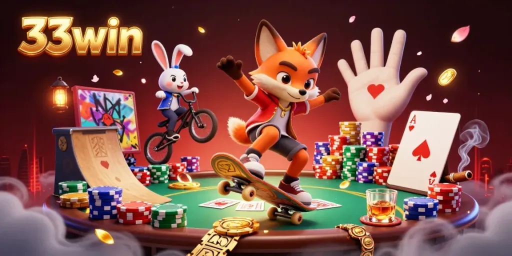 Vibrant 33win illustration featuring a skateboarder fox and BMX rabbit in a dynamic casino scene.