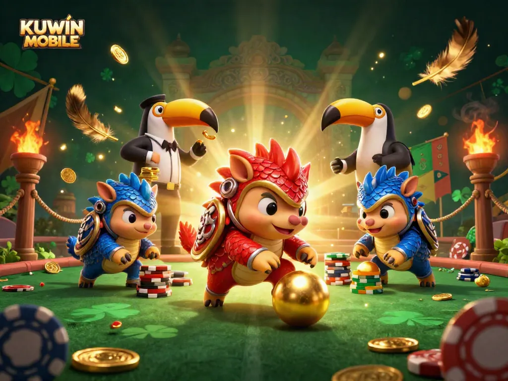 Experience thrilling gambling action with KUWIN MOBILE in this dynamic online casino illustration featuring cartoon pangolins.