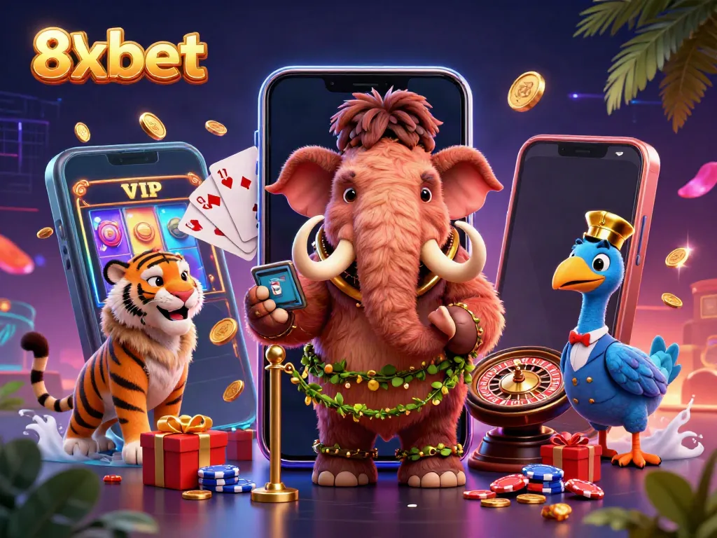 Experience thrilling moments with 8xbet, featuring dynamic casino characters in a vibrant gaming scene.