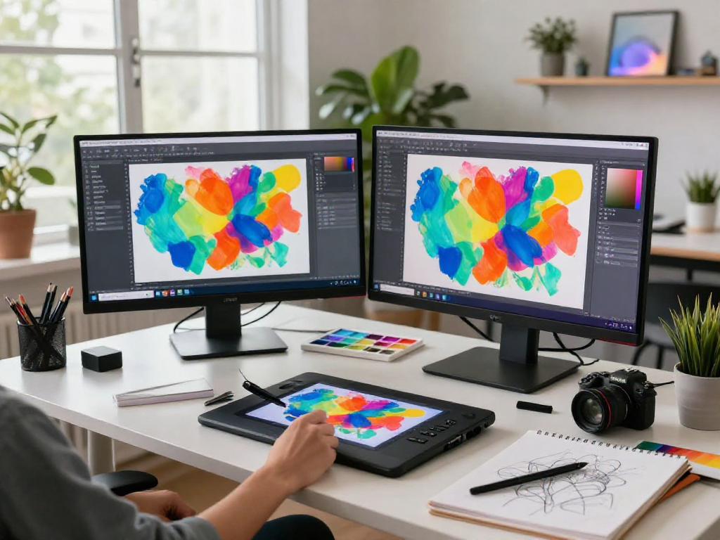 AI artist creating vibrant digital art in a modern studio, showcasing creativity with AI technology.
