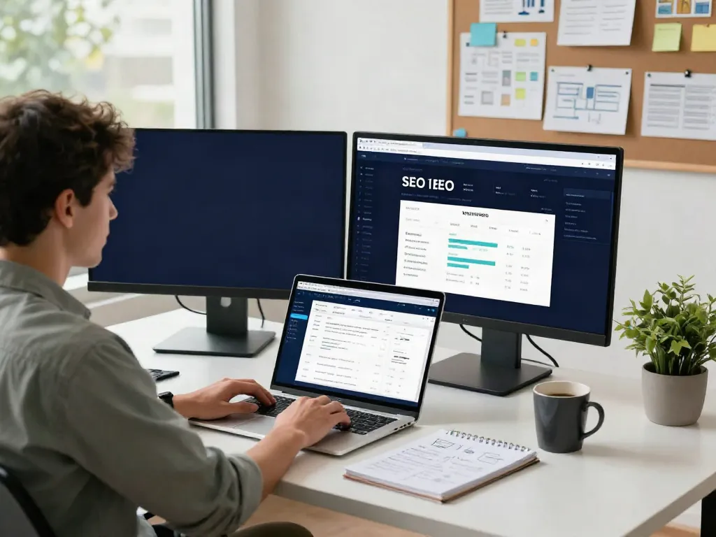 SEO analyst optimizing website for instant indexing in a modern workspace.