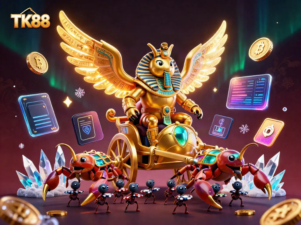 Engage in thrilling games at TK88 with a dynamic 3D casino illustration featuring golden scarabs and crypto elements.