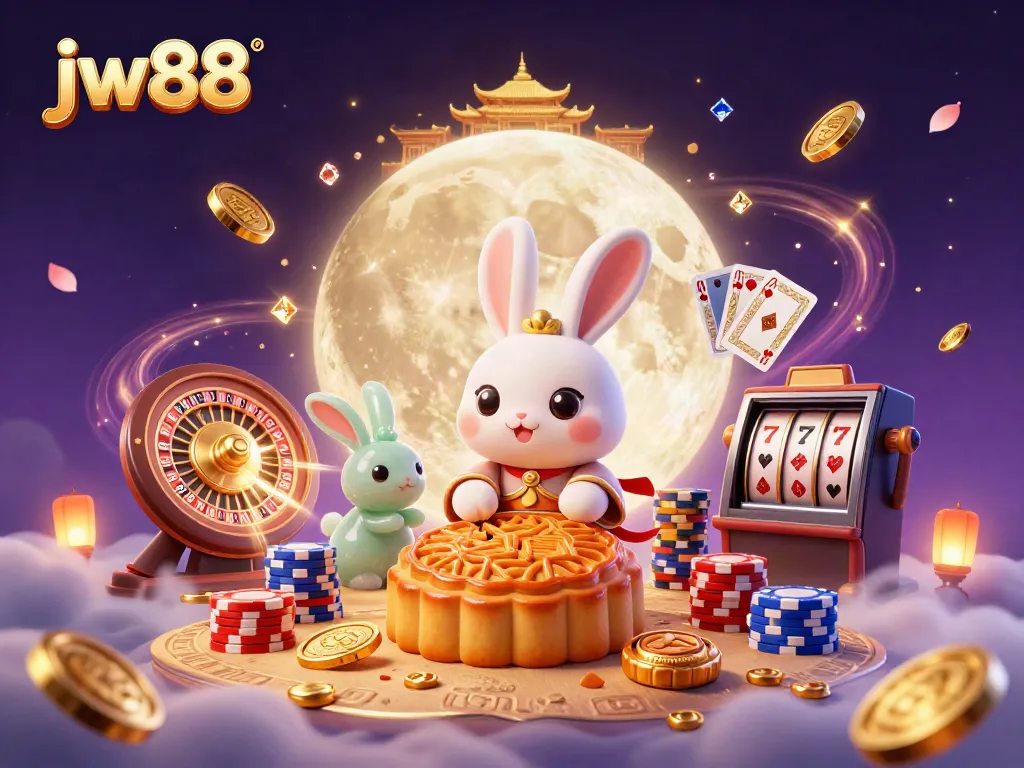 Experience grand jackpots at jw88 with the moon rabbit gambler revealing poker chips inside golden mooncakes.