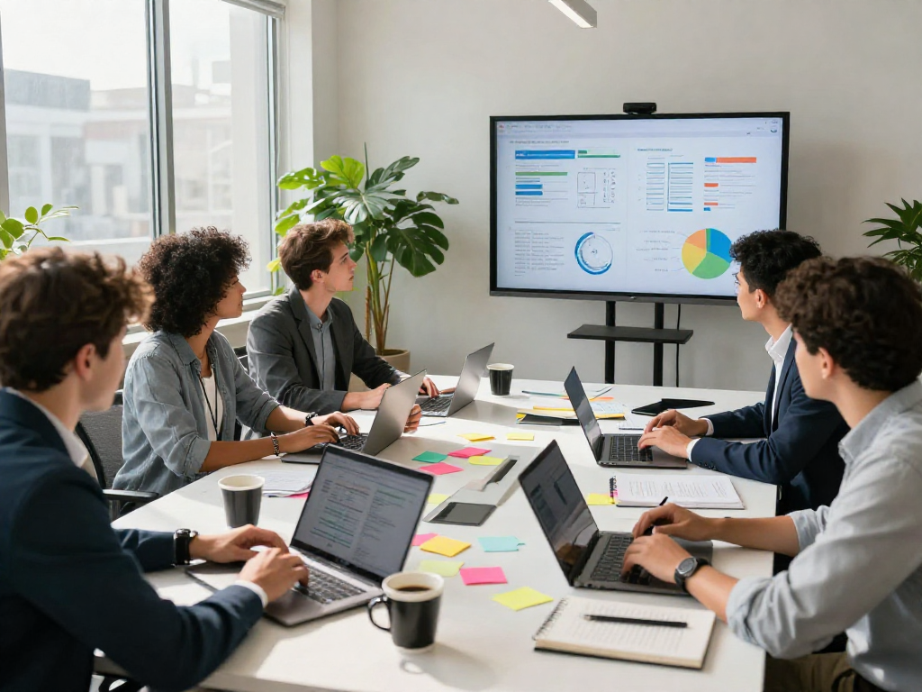 Dynamic business collaboration around IDXSTAR project plans in modern office space.
