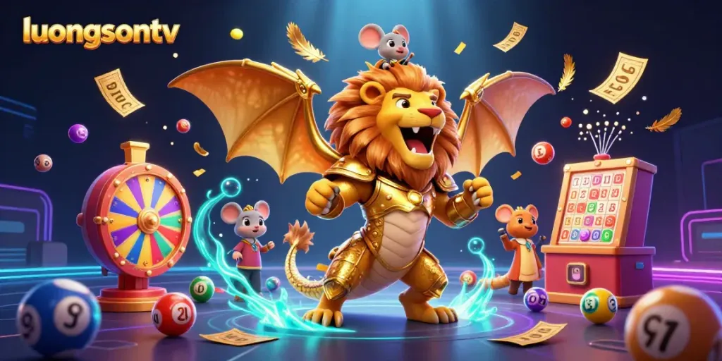 Luongsontv's vibrant 3D illustration showcases a triumphant chimera with dynamic lottery elements, captivating players.