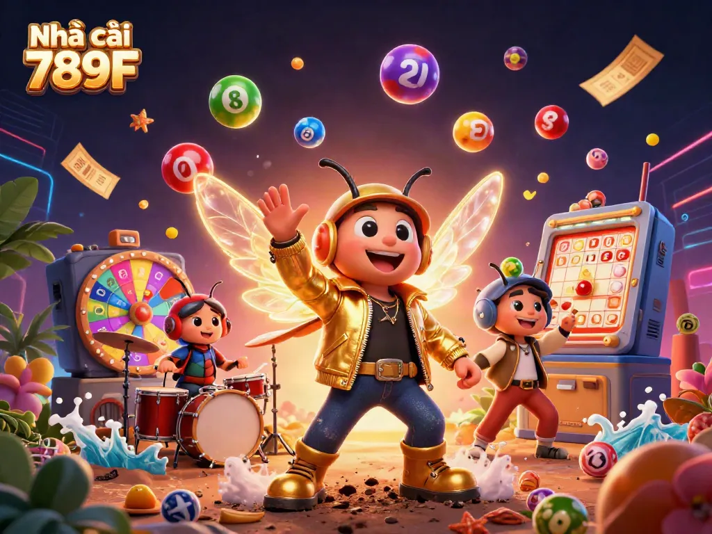 Experience gaming excitement with Nhà cái 789F as a dynamic cartoon scene featuring vibrant game elements.