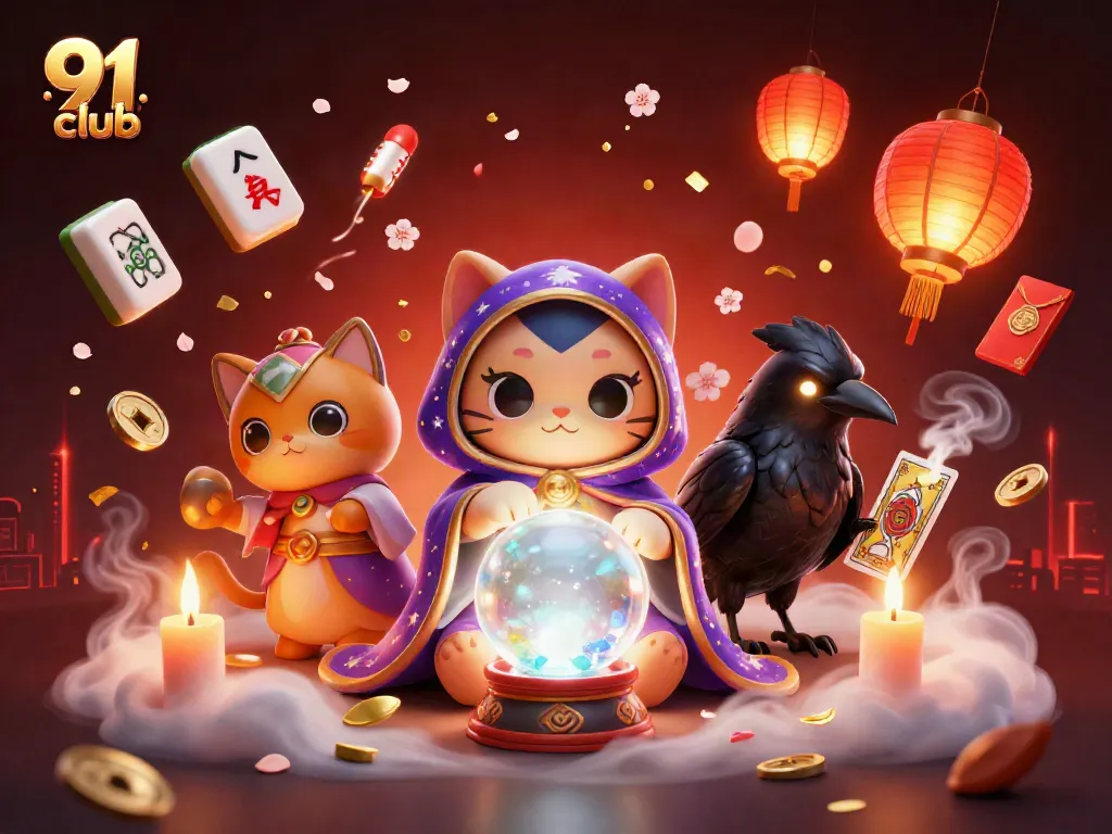 Join the excitement of the 91 club with vibrant gaming elements featuring coins and lanterns.