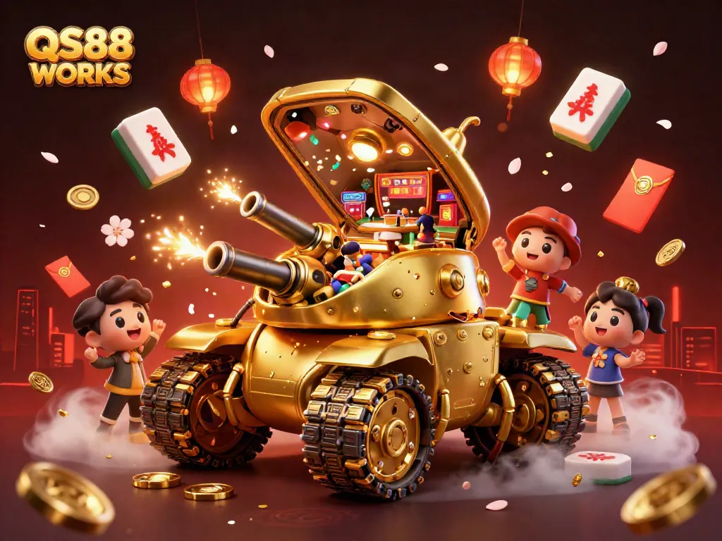 Experience the excitement of QS88 WORKS with a dazzling cartoon casino tank and golden game elements.