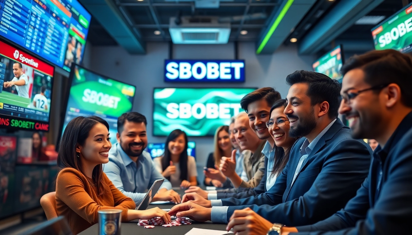 Engaging scene of bettors enjoying SBOBET.dance in an online gambling environment with digital screens.