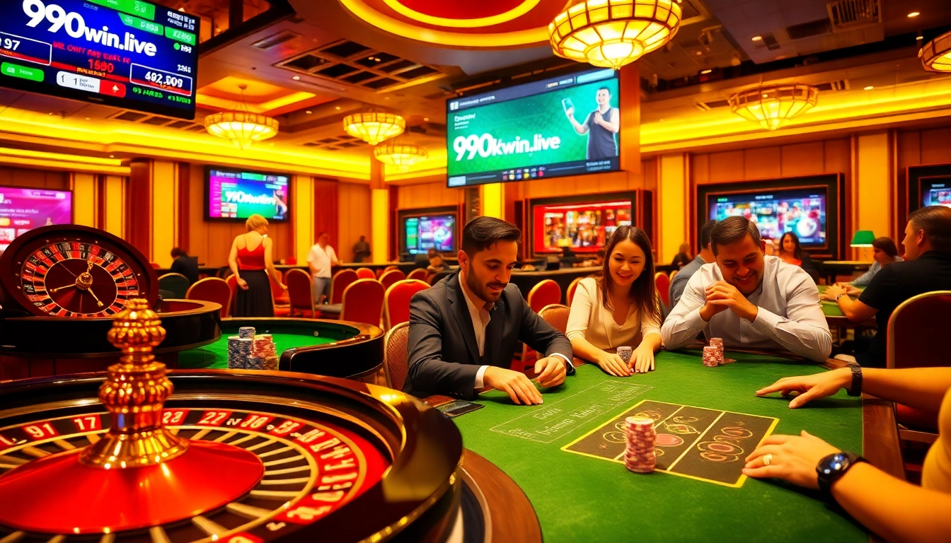 Experience thrill at 99okwin.live with a bustling casino scene featuring poker and roulette.