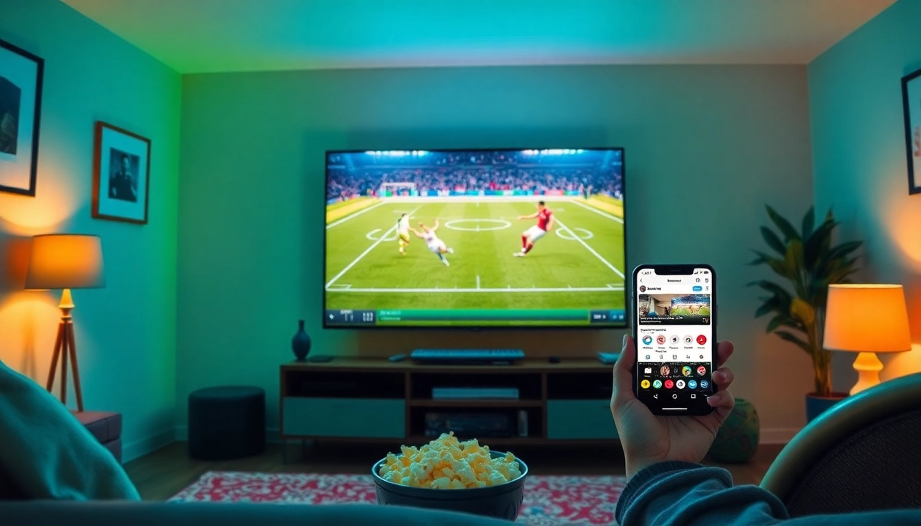 Live football streaming on joemadfan.com in a vibrant home setting.