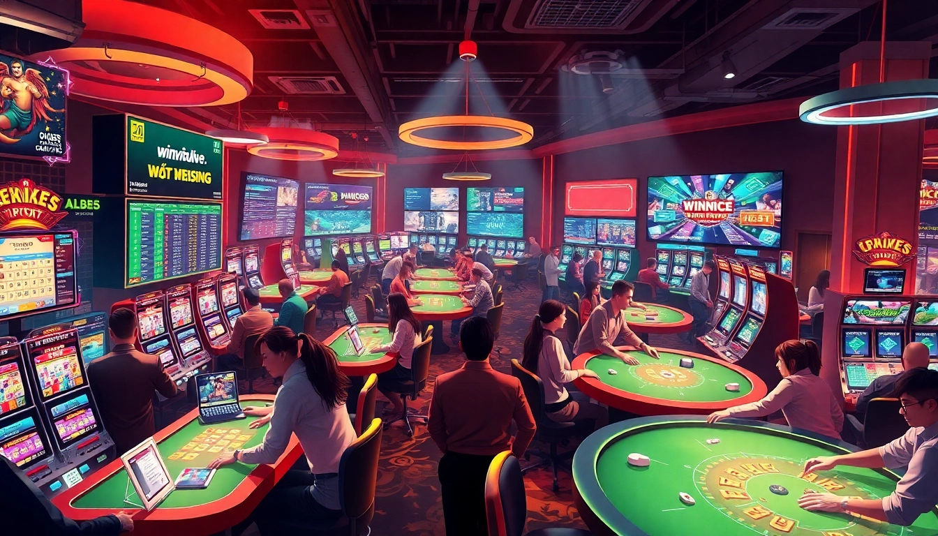 Diverse players at a vibrant casino showcasing winvn88.live's dynamic online gambling experience.