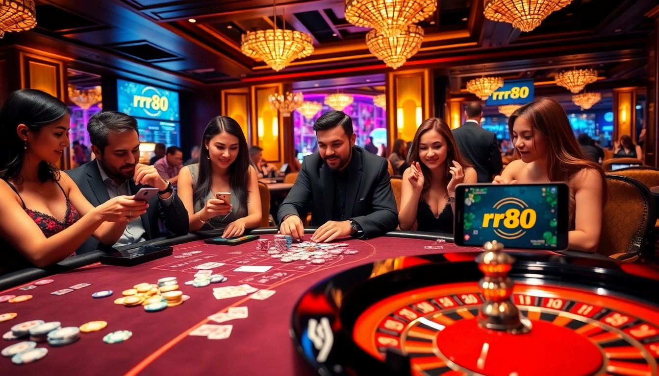 Engaging players at rr88 kjc casino table with vibrant chips and cards.