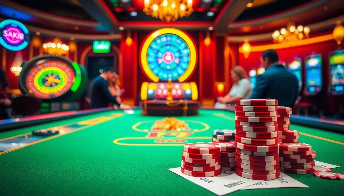 Players enjoying a high-stakes poker game at da88 casino, featuring colorful chips and vibrant tables.