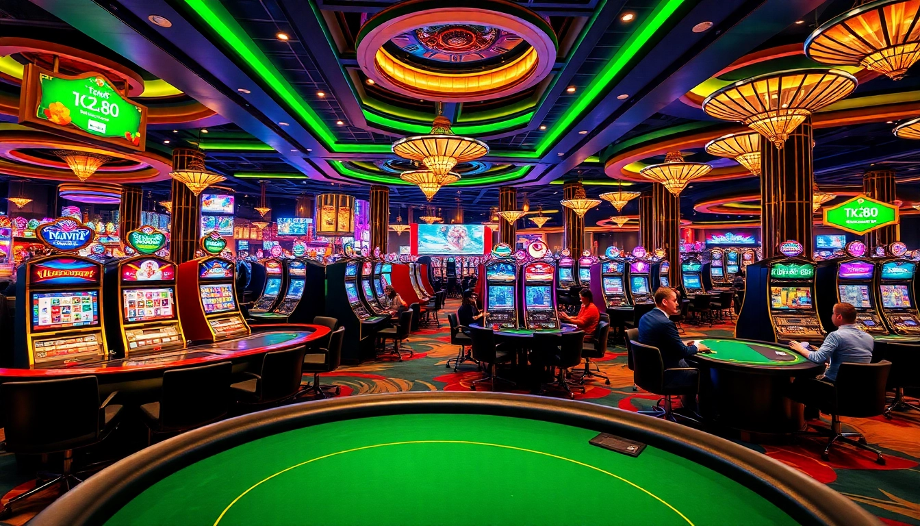 Exciting gaming action at TK88 Casino with vibrant slot machines and table games.
