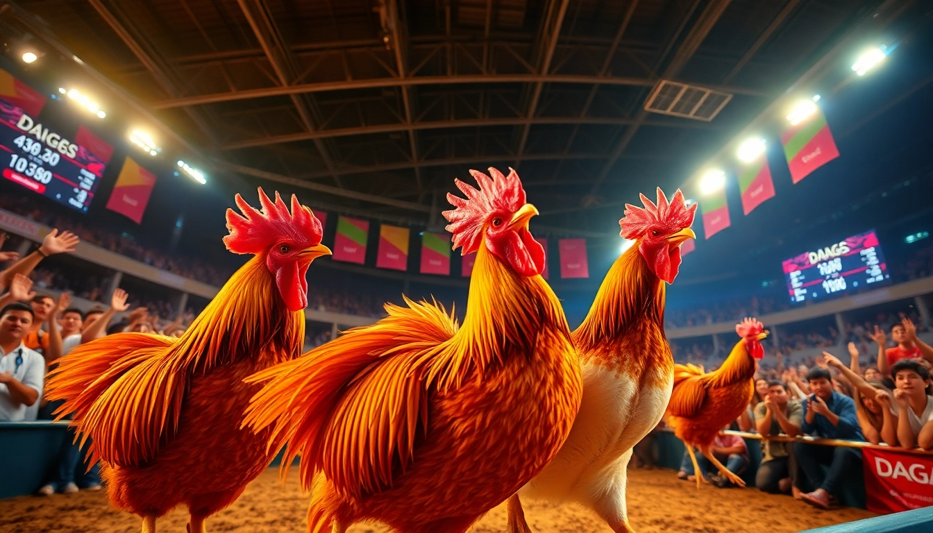 Live cockfighting scene at dagawin.live showcasing excitement and engagement in a modern arena.