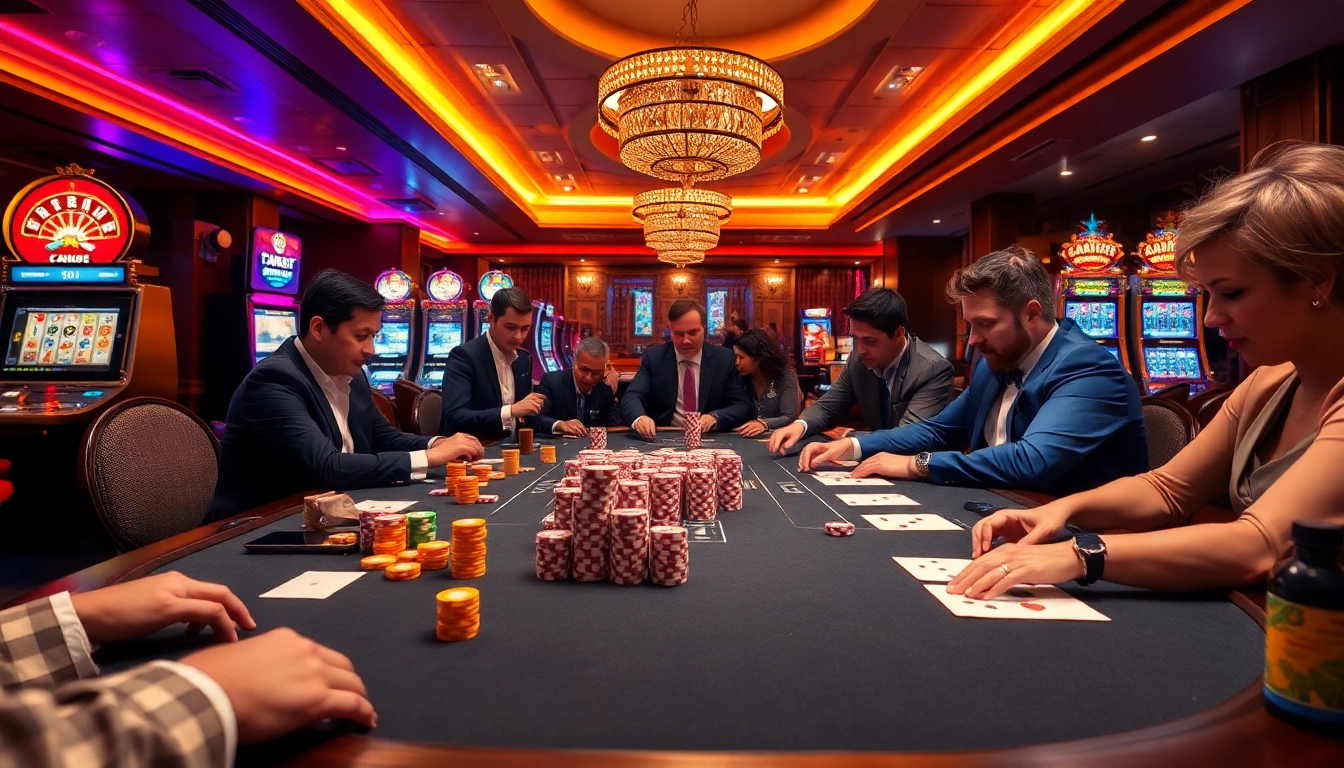 Players enjoying a thrilling poker game at tr88 com casino, with vibrant chips and cards.