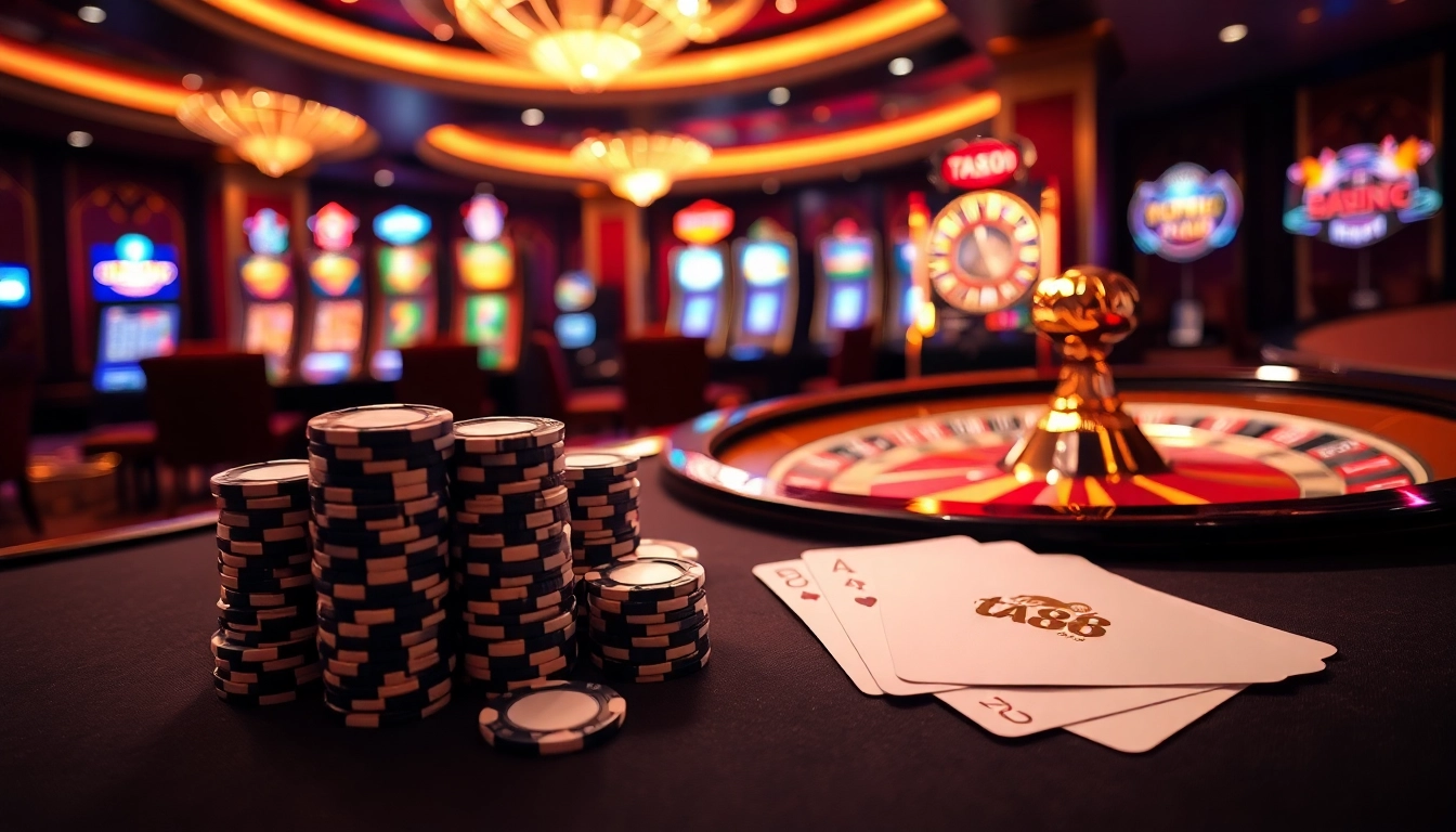 Engaging casino scene with ta88 poker chips and vibrant roulette wheel.
