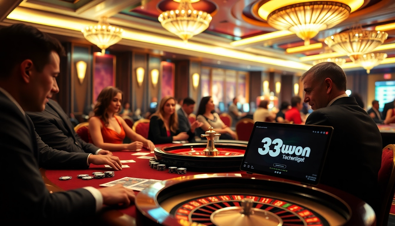 Experience thrilling action at 33win1's online casino with vibrant tables, poker chips, and roulette.