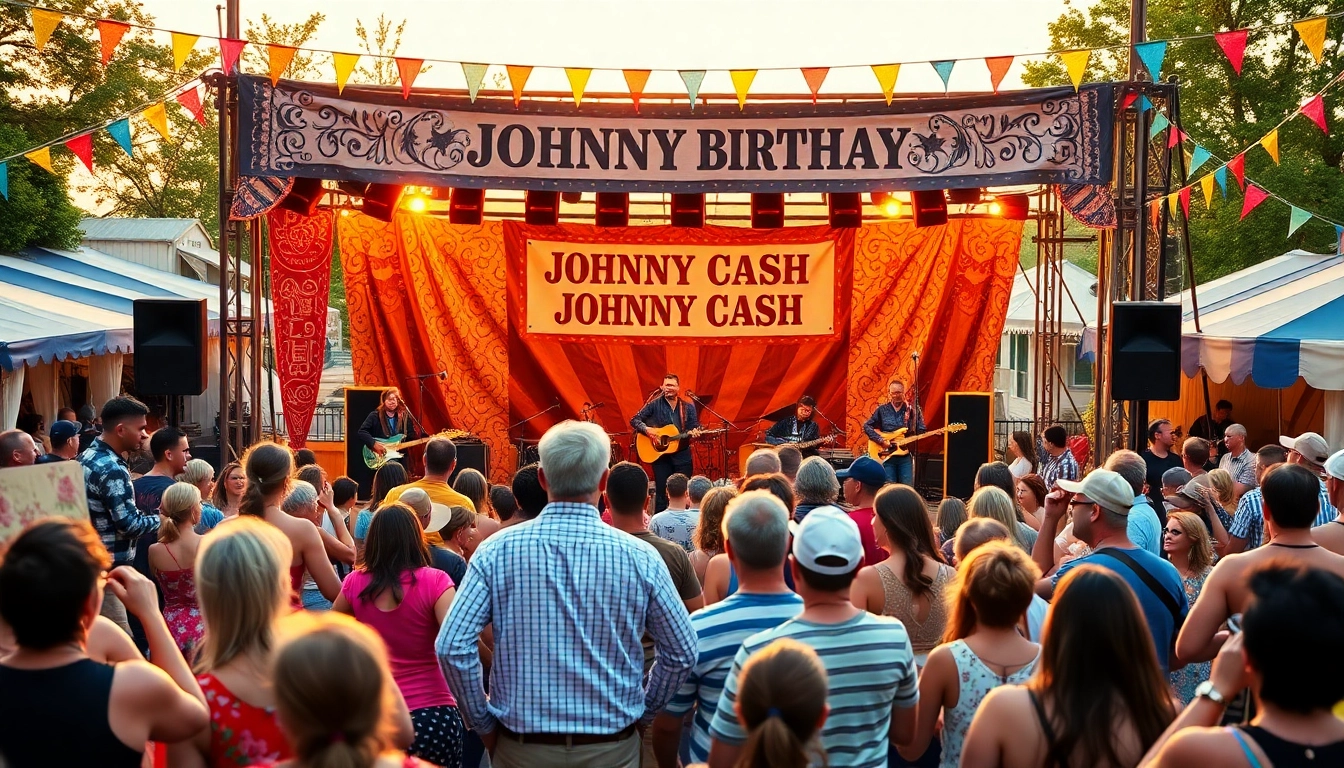 Celebrate Johnny Cash's birthday at a lively festival scene at johnnycashbirthday.com, filled with music and joy.