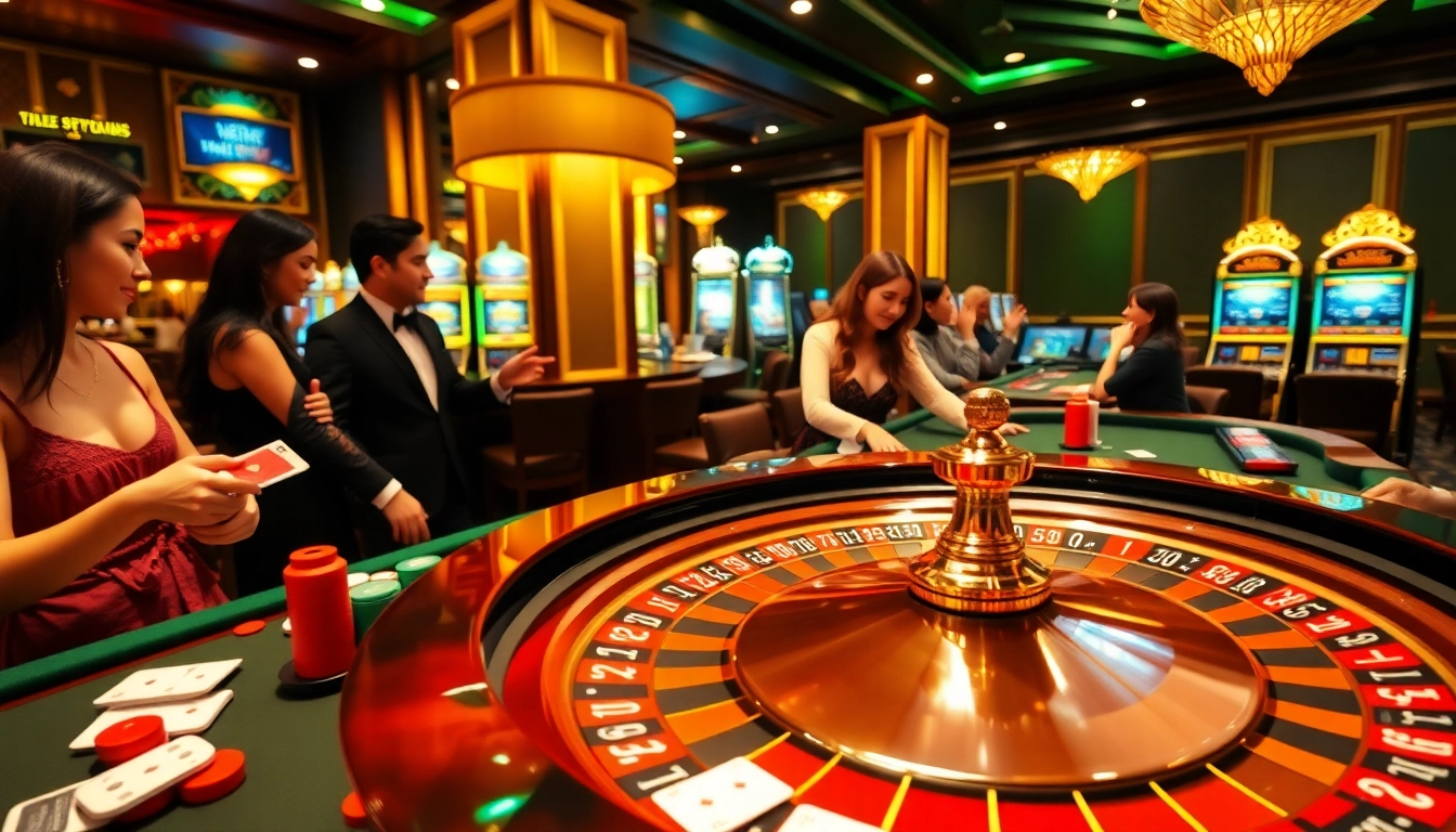 Players engaging in a thrilling j88-themed roulette game at a luxurious casino.