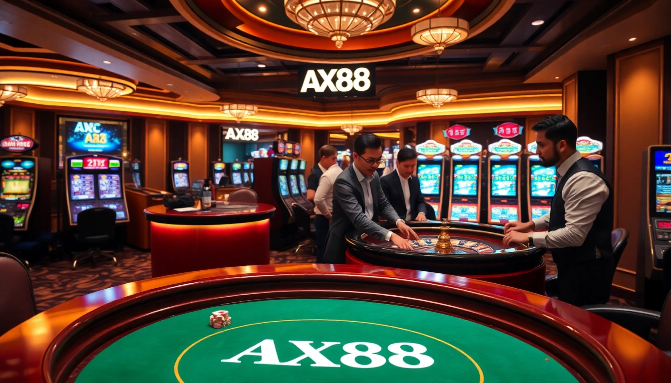Play poker at AX88 casino, featuring an elegant table with chips and a roulette wheel.
