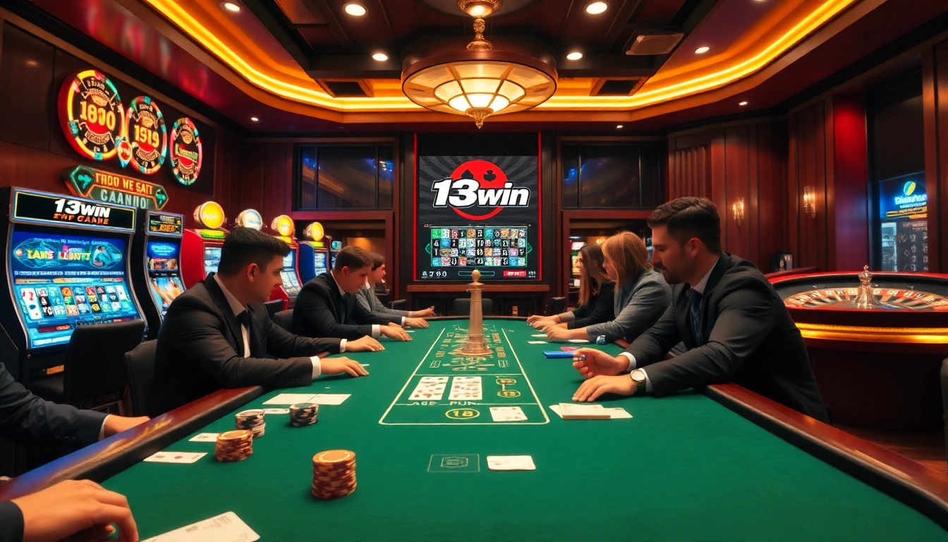 Players enjoying a thrilling poker game at 13win with vibrant slot machines and roulette wheel.