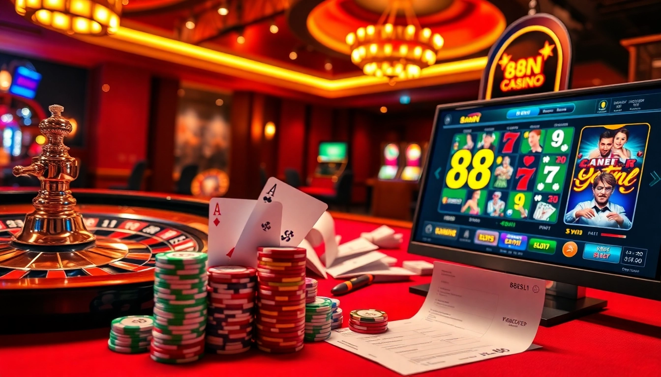 Experience the thrill of gambling at 88nn with vibrant casino elements including roulette and poker.