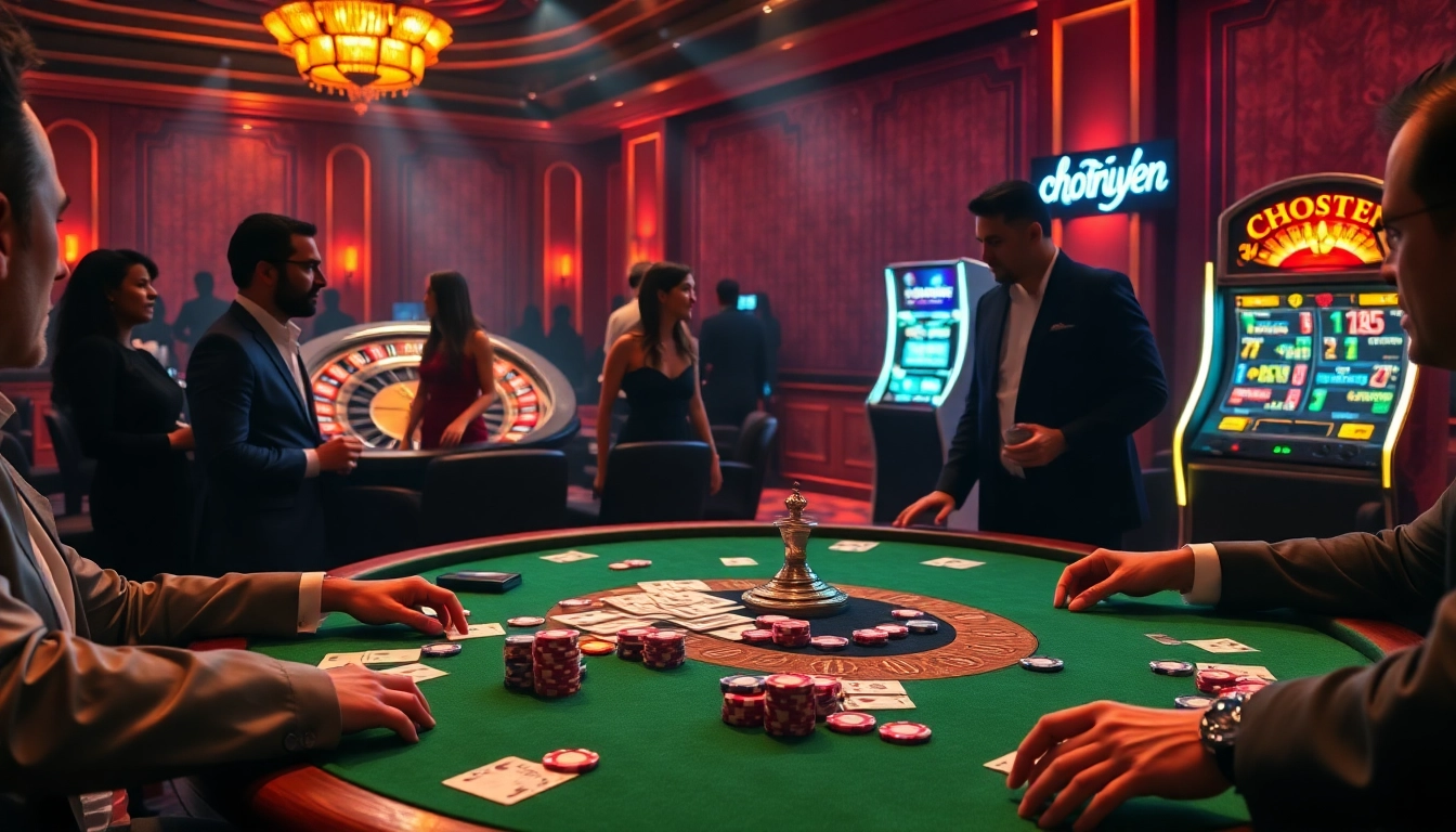 Players engaged in a thrilling poker game at a casino, showcasing the excitement of chotruyen.
