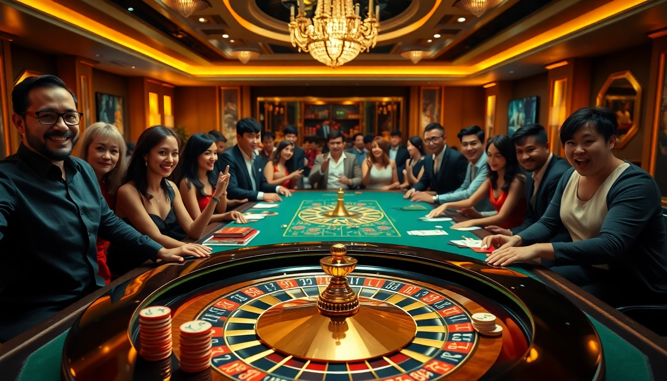 Gambling enthusiasts enjoying a vibrant casino experience with Jun88 logo, showcasing excitement and professionalism.