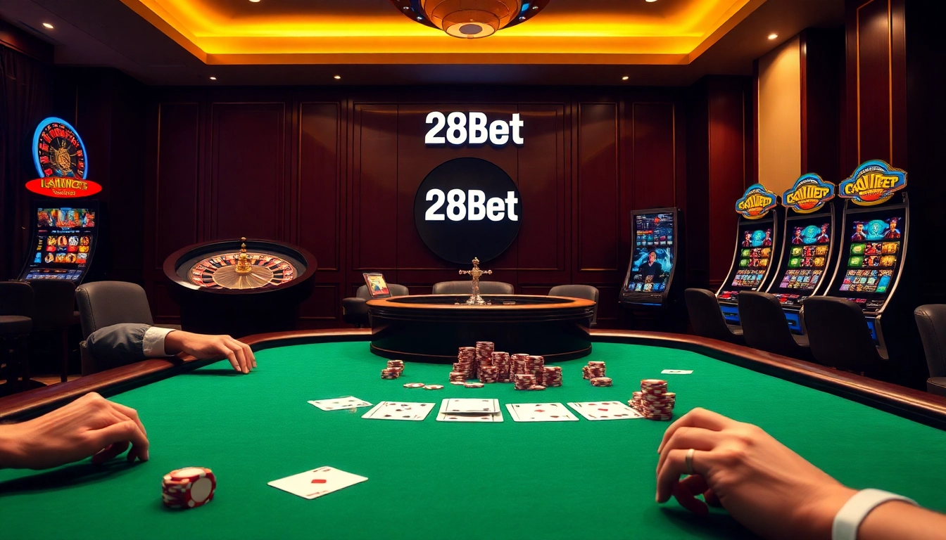 Engaged players strategize at a high-stakes poker table in a luxurious casino setting at 28bet.