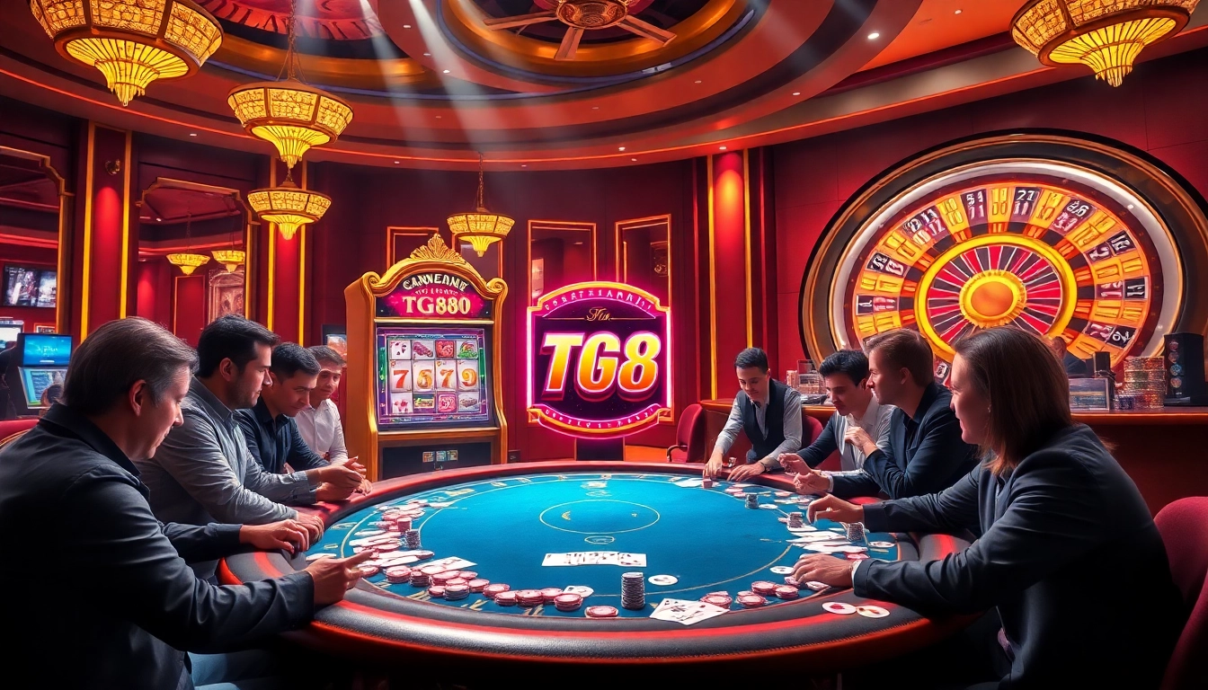 Excited players enjoying the TG88 slot machine in a luxury casino setting.