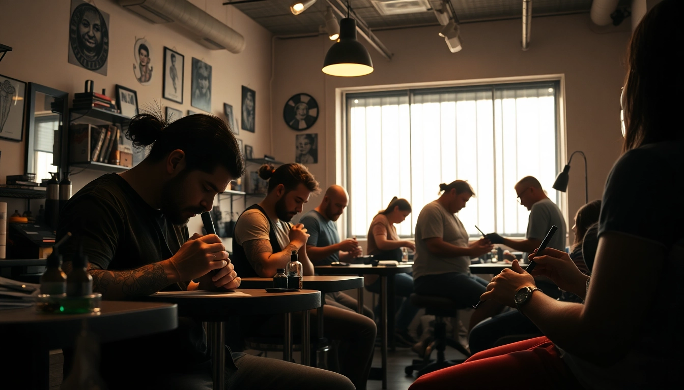 Artisans at https://89bet.tattoo/ tattooing diverse clientele in a vibrant parlor setting.